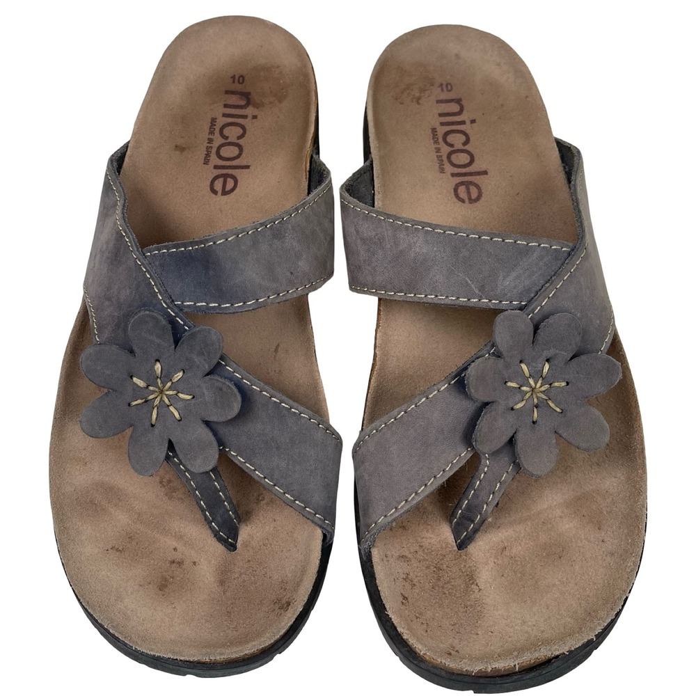 Nicole Flower Thong Sandals Womens 10 Gray Leather Made in Spain Cork Footbed